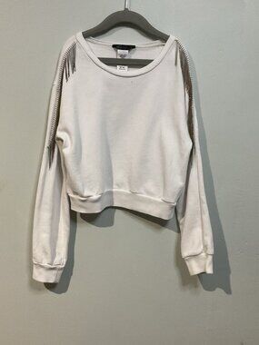 White Long Sleeve Top Shirt Sweatshirt Rhinestone Metal Bead Fringe Sz S 7/8